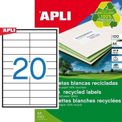 APLI No. 12063 fehér színű 105 x 29 mm méretű, univerzálisan nyomtatható, környezetbarát öntapadós etikett címke, permanens ragasztóval A4-es íven - kiszerelés: 2000 címke / 100 ív (LCA12063)