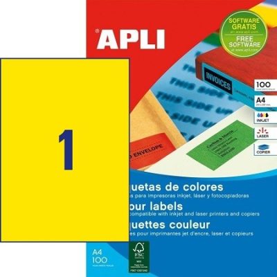 APLI No. 11838 sárga színű 210 x 297 mm méretű, univerzálisan nyomtatható, öntapadós etikett címke, permanens ragasztóval A4-es íven - kiszerelés: 100 címke / 100 ív (LCA11838)