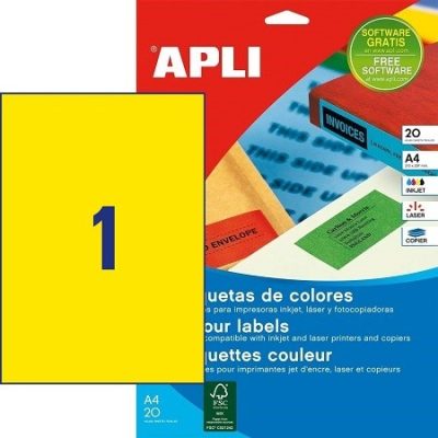 APLI No. 01599 sárga színű 210 x 297 mm méretű, univerzálisan nyomtatható, öntapadós etikett címke, permanens ragasztóval A4-es íven - kiszerelés: 20 címke / 20 ív (LCA1599)
