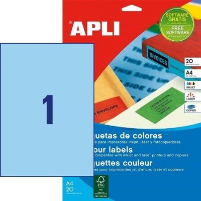 APLI No. 01600 kék színű 210 x 297 mm méretű, univerzálisan nyomtatható, öntapadós etikett címke, permanens ragasztóval A4-es íven - kiszerelés: 20 címke / 20 ív (LCA1600)