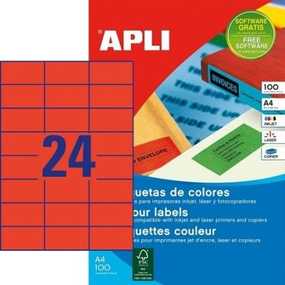 APLI No. 11836 piros színű 70 x 37 mm méretű, univerzálisan nyomtatható, öntapadós etikett címke, permanens ragasztóval A4-es íven - kiszerelés: 2400 címke / 100 ív (LCA11836)