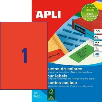 APLI No. 11840 piros színű 210 x 297 mm méretű, univerzálisan nyomtatható, öntapadós etikett címke, permanens ragasztóval A4-es íven - kiszerelés: 100 címke / 100 ív (LCA11840)