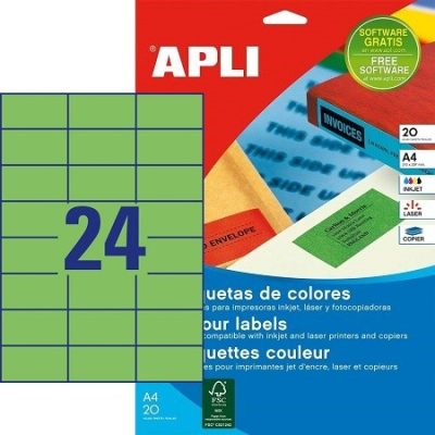 APLI No. 01594 zöld színű 70 x 37 mm méretű, univerzálisan nyomtatható, öntapadós etikett címke, permanens ragasztóval A4-es íven - kiszerelés: 480 címke / 20 ív (LCA1594)