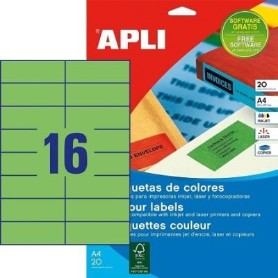 APLI No. 01598 zöld színű 105 x 37 mm méretű, univerzálisan nyomtatható, öntapadós etikett címke, permanens ragasztóval A4-es íven - kiszerelés: 320 címke / 20 ív (LCA1598)