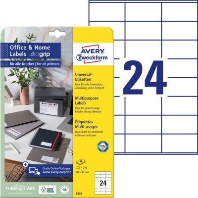 Avery Zweckform No. 6122 fehér színű 70 x 36 mm méretű, univerzálisan nyomtatható, öntapadós etikett címke, permanens ragasztóval A4-es íven - kiszerelés: 240 címke / 10 ív
