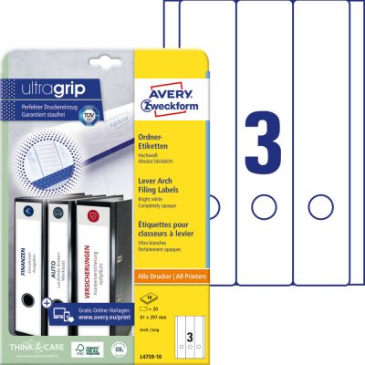 Avery Zweckform No. L4759-10 fehér színű 61 x 297 mm méretű, univerzálisan nyomtatható, öntapadós iratrendező címke, permanens ragasztóval A4-es íven - kiszerelés: 30 címke / 10 ív