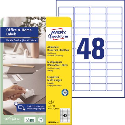 Avery Zweckform No. L4736REV-10 fehér színű 45,7 x 21,2 mm méretű, univerzálisan nyomtatható, öntapadós etikett címke, visszaszedhető ragasztóval A4-es íven - kiszerelés: 480 címke / 10 ív