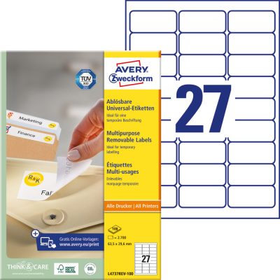 Avery Zweckform No. L4737REV-100 fehér színű 63,5 x 29,6 mm méretű, univerzálisan nyomtatható, öntapadós etikett címke, visszaszedhető ragasztóval A4-es íven - kiszerelés: 2700 címke / 100 ív