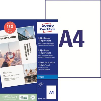 Avery Zweckform No. 2579-100 tintasugaras nyomtatóval nyomtatható A4-es méretű fehér színű 150 g-os különleges minőségű egyoldalas matt felületű papír - kiszerelés: 100 lap / csomag (Avery 2579-100)