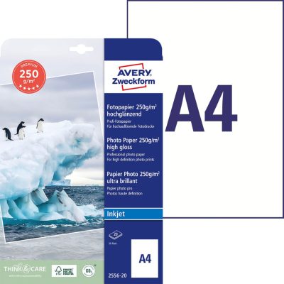 Avery Zweckform No. 2556-20 tintasugaras nyomtatóval nyomtatható A4-es méretű fehér színű 250 g-os prémium minőségű egyoldalas magasfényű fotópapír - kiszerelés: 20 lap / csomag (Avery 2556-20)