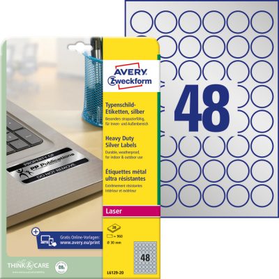 Avery Zweckform No. L6129-20 ezüst színű 30 mm átmérőjű, lézernyomtatóval nyomtatható, öntapadós ipari etikett címke, erős, tartós ragasztóval A4-es íven - kiszerelés: 960 címke / 20 ív