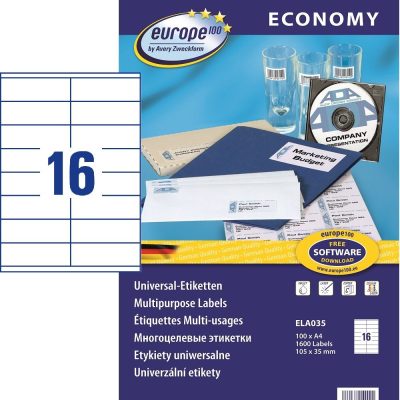 Avery Zweckform europe100 No. ELA035 univerzális 105 x 35 mm méretű fehér öntapadó etikett címke A4 -es íven - 1600 etikett címke / doboz - 100 ív / doboz (ELA035)