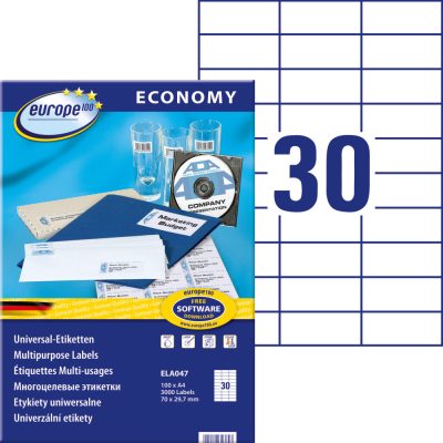 Avery Zweckform europe100 No. ELA047 fehér színű 70 x 29,7 mm méretű, univerzálisan nyomtatható, öntapadós etikett címke, permanens ragasztóval A4-es íven - kiszerelés: 3000 címke / 100 ív