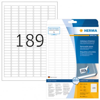 Herma No. 10001 fehér színű 25,4 x 10 mm méretű, univerzálisan nyomtatható, öntapadós etikett címke, visszaszedhető ragasztóval A4-es íven - kiszerelés: 4725 címke / 25 ív