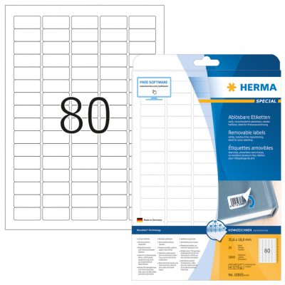 Herma No. 10003 fehér színű 35,6 x 16,9 mm méretű, univerzálisan nyomtatható, öntapadós etikett címke, visszaszedhető ragasztóval A4-es íven - kiszerelés: 2000 címke / 25 ív