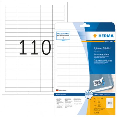 Herma No. 4210 fehér színű 38,1 x 12,7 mm méretű, univerzálisan nyomtatható, öntapadós etikett címke, visszaszedhető ragasztóval A4-es íven - kiszerelés: 2750 címke / 25 ív