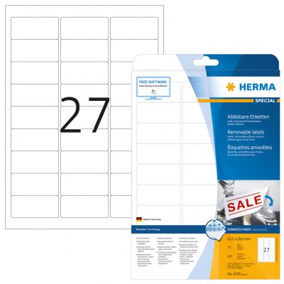 Herma No. 4347 fehér színű 63,5 x 29,6 mm méretű, univerzálisan nyomtatható, öntapadós etikett címke, visszaszedhető ragasztóval A4-es íven - kiszerelés: 675 címke / 25 ív