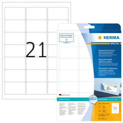 Herma No. 5074 fehér színű 63,5 x 38,1 mm méretű, univerzálisan nyomtatható, öntapadós etikett címke, visszaszedhető ragasztóval A4-es íven - kiszerelés: 525 címke / 25 ív