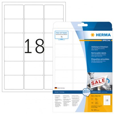 Herma No. 4203 fehér színű 63,5 x 46,6 mm méretű, univerzálisan nyomtatható, öntapadós etikett címke, visszaszedhető ragasztóval A4-es íven - kiszerelés: 450 címke / 25 ív