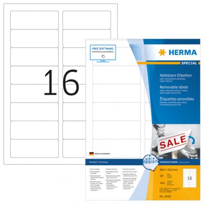 Herma No. 10303 fehér színű 88,9 x 33,8 mm méretű, univerzálisan nyomtatható, öntapadós etikett címke, visszaszedhető ragasztóval A4-es íven - kiszerelés: 1600 címke / 100 ív