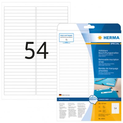 Herma No. 10015 fehér színű 96 x 10 mm méretű, univerzálisan nyomtatható, öntapadós etikett címke, visszaszedhető ragasztóval A4-es íven - kiszerelés: 1350 címke / 25 ív