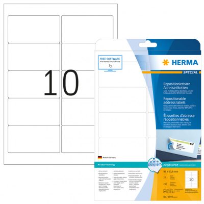 Herma No. 4349 fehér színű 96 x 50,8 mm méretű, univerzálisan nyomtatható, öntapadós etikett címke, visszaszedhető ragasztóval A4-es íven - kiszerelés: 250 címke / 25 ív
