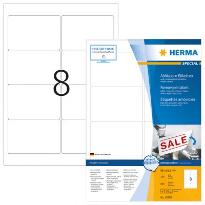 Herma No. 10308 fehér színű 96 x 63,5 mm méretű, univerzálisan nyomtatható, öntapadós etikett címke, visszaszedhető ragasztóval A4-es íven - kiszerelés: 800 címke / 100 ív