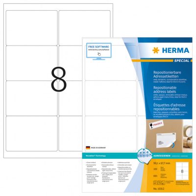 Herma No. 10312 fehér színű 99,1 x 67,7 mm méretű, univerzálisan nyomtatható, öntapadós etikett címke, visszaszedhető ragasztóval A4-es íven - kiszerelés: 800 címke / 100 ív