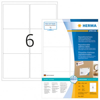 Herma No. 10317 fehér színű 99,1 x 93,1 mm méretű, univerzálisan nyomtatható, öntapadós etikett címke, visszaszedhető ragasztóval A4-es íven - kiszerelés: 600 címke / 100 ív