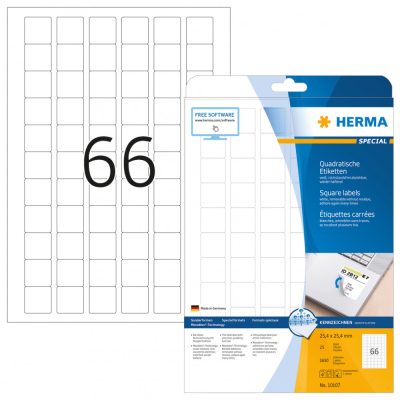 Herma No. 10107 fehér színű 25,4 x 25,4 mm méretű, univerzálisan nyomtatható, négyzet alakú öntapadós etikett címke, visszaszedhető ragasztóval A4-es íven - kiszerelés: 1650 címke / 25 ív