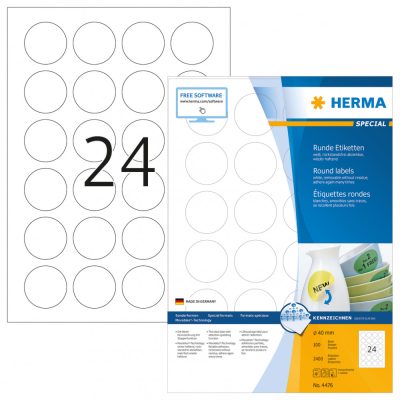 Herma No. 4476 fehér színű 40 mm átmérőjű, univerzálisan nyomtatható, kör alakú öntapadós etikett címke, visszaszedhető ragasztóval A4-es íven - kiszerelés: 2400 címke / 100 ív