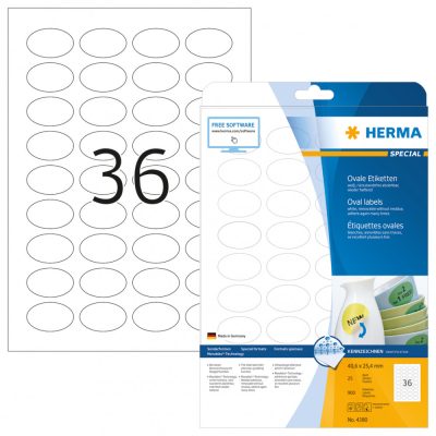 Herma No. 4380 fehér színű 40,6 x 25,4 mm méretű, univerzálisan nyomtatható, ovális alakú öntapadós etikett címke, visszaszedhető ragasztóval A4-es íven - kiszerelés: 900 címke / 25 ív
