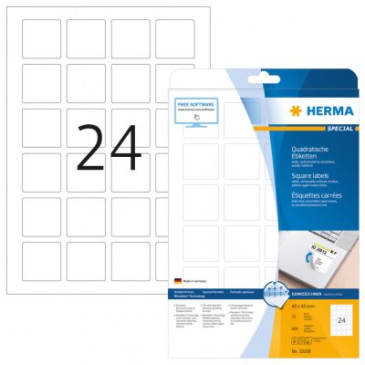 Herma No. 10108 fehér színű 40 x 40 mm méretű, univerzálisan nyomtatható, négyzet alakú öntapadós etikett címke, visszaszedhető ragasztóval A4-es íven - kiszerelés: 600 címke / 25 ív