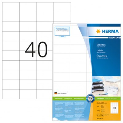 Herma No. 4610 fehér színű 52,5 x 29,7 mm méretű, univerzálisan nyomtatható, öntapadós etikett címke, permanens ragasztóval A4-es íven - kiszerelés: 8000 címke / 200 ív