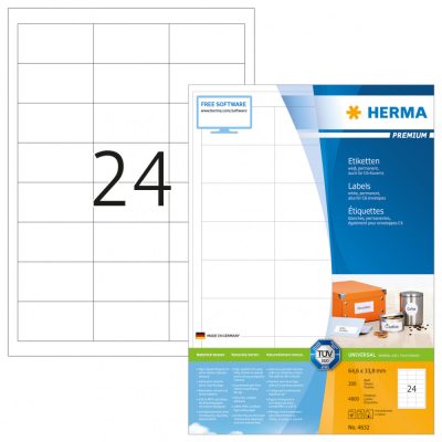 Herma No. 4632 fehér színű 64,6 x 33,8 mm méretű, univerzálisan nyomtatható, öntapadós etikett címke, permanens ragasztóval A4-es íven - kiszerelés: 4800 címke / 200 ív