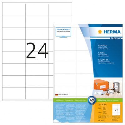 Herma No. 4633 fehér színű 70 x 36 mm méretű, univerzálisan nyomtatható, öntapadós etikett címke, permanens ragasztóval A4-es íven - kiszerelés: 4800 címke / 200 ív