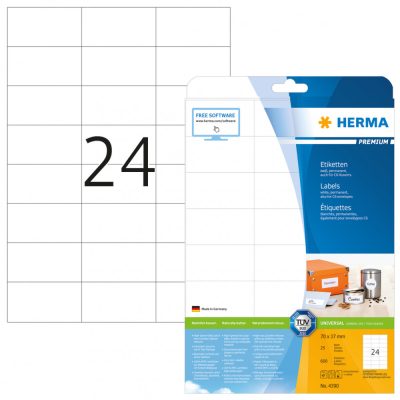 Herma No. 4390 fehér színű 70 x 37 mm méretű, univerzálisan nyomtatható, öntapadós etikett címke, permanens ragasztóval A4-es íven - kiszerelés: 600 címke / 25 ív