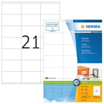 Herma No. 4451 fehér színű 70 x 42 mm méretű, univerzálisan nyomtatható, öntapadós etikett címke, permanens ragasztóval A4-es íven - kiszerelés: 2100 címke / 100 ív