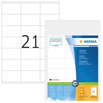 Herma No. 4415 fehér színű 70 x 42 mm méretű, univerzálisan nyomtatható, öntapadós etikett címke, permanens ragasztóval A4-es íven - kiszerelés: 10500 címke / 500 ív
