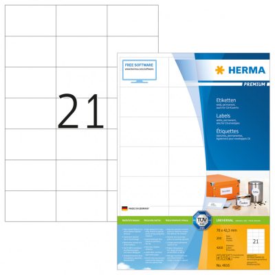 Herma No. 4616 fehér színű 70 x 42,3 mm méretű, univerzálisan nyomtatható, öntapadós etikett címke, permanens ragasztóval A4-es íven - kiszerelés: 4200 címke / 200 ív