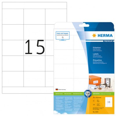 Herma No. 5055 fehér színű 70 x 50,8 mm méretű, univerzálisan nyomtatható, öntapadós etikett címke, permanens ragasztóval A4-es íven - kiszerelés: 375 címke / 25 ív