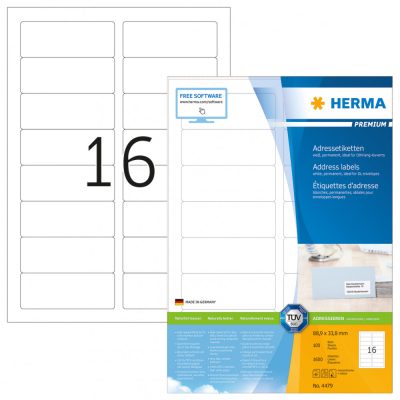 Herma No. 4479 fehér színű 88,9 x 33,8 mm méretű, univerzálisan nyomtatható, öntapadós etikett címke, permanens ragasztóval A4-es íven - kiszerelés: 1600 címke / 100 ív
