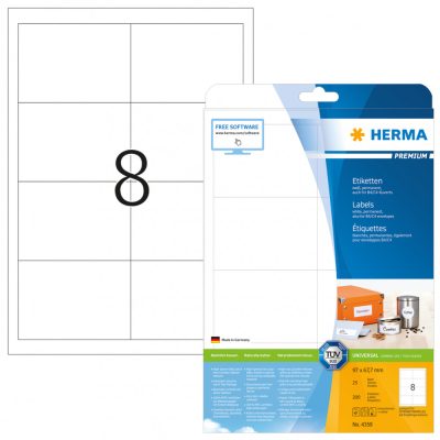 Herma No. 4359 fehér színű 97 x 67,7 mm méretű, univerzálisan nyomtatható, öntapadós etikett címke, permanens ragasztóval A4-es íven - kiszerelés: 200 címke / 25 ív
