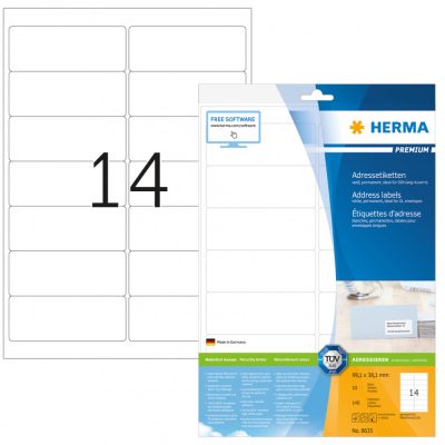 Herma No. 8635 fehér színű 99,1 x 38,1 mm méretű, univerzálisan nyomtatható, öntapadós etikett címke, permanens ragasztóval A4-es íven - kiszerelés: 140 címke / 10 ív