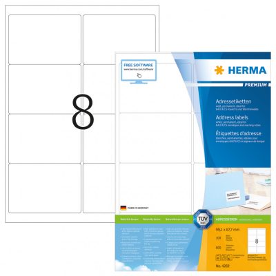 Herma No. 4269 fehér színű 99,1 x 67,7 mm méretű, univerzálisan nyomtatható, öntapadós etikett címke, permanens ragasztóval A4-es íven - kiszerelés: 800 címke / 100 ív