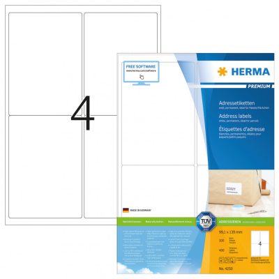 Herma No. 4250 fehér színű 99,1 x 139 mm méretű, univerzálisan nyomtatható, öntapadós etikett címke, permanens ragasztóval A4-es íven - kiszerelés: 400 címke / 100 ív