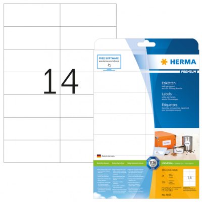 Herma No. 5057 fehér színű 105 x 42,3 mm méretű, univerzálisan nyomtatható, öntapadós etikett címke, permanens ragasztóval A4-es íven - kiszerelés: 350 címke / 25 ív