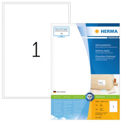 Herma No. 4252 fehér színű 199,6 x 289,1 mm méretű, univerzálisan nyomtatható, öntapadós etikett címke, permanens ragasztóval A4-es íven - kiszerelés: 100 címke / 100 ív