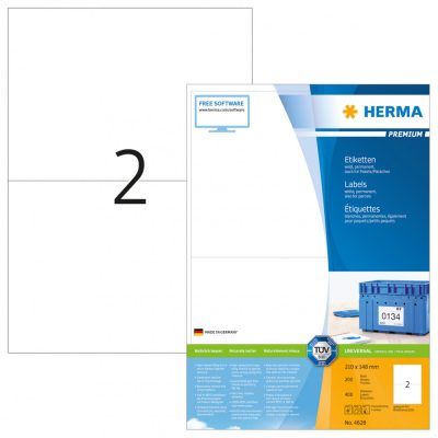 Herma No. 4628 fehér színű 210 x 148 mm méretű, univerzálisan nyomtatható, öntapadós etikett címke, permanens ragasztóval A4-es íven - kiszerelés: 400 címke / 200 ív