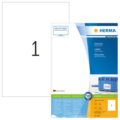 Herma No. 4631 fehér színű 210 x 297 mm méretű, univerzálisan nyomtatható, öntapadós etikett címke, permanens ragasztóval A4-es íven - kiszerelés: 200 címke / 200 ív